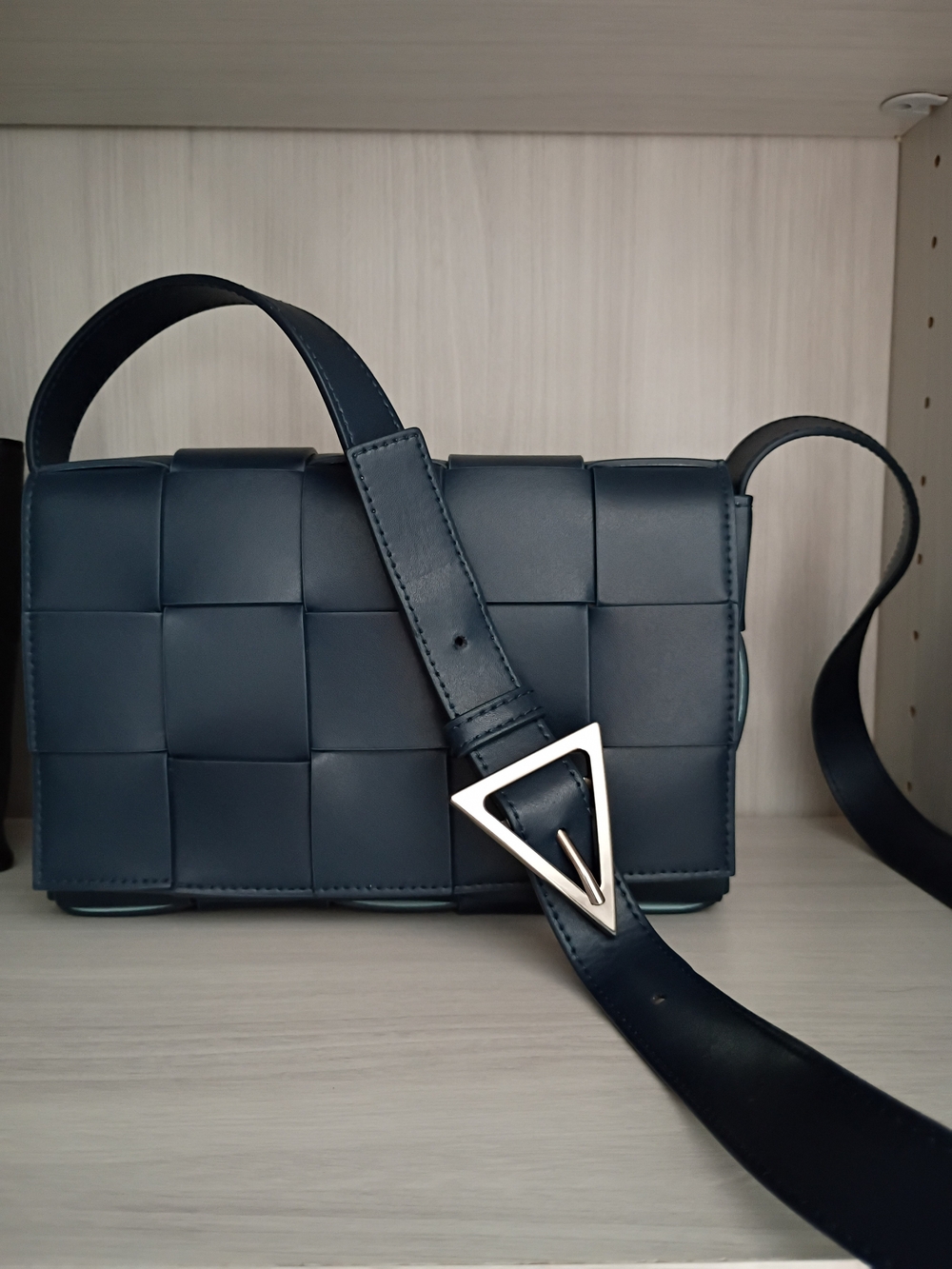 Bottega Veneta Navy Cassette Leather Crossbody with Triangular Buckle
